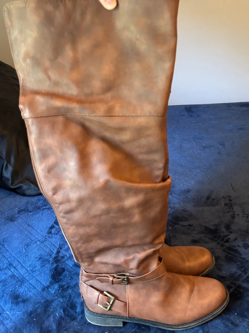 Women's Tall Wide Calf Brown Riding Boots with Buckle Detail